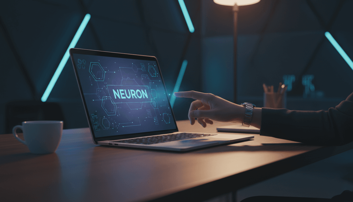 Workspace with glowing laptop displaying AI interface and hand interaction