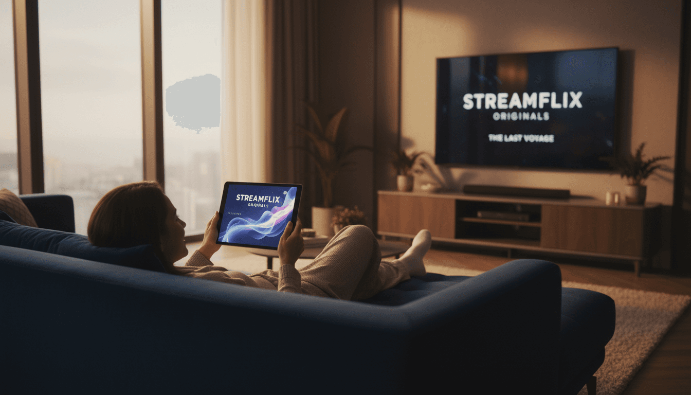 شخص يستمتع بمشاهدة محتوى شاهد في أي بي على جهاز اللوحة في غرفة جلوس مريحة