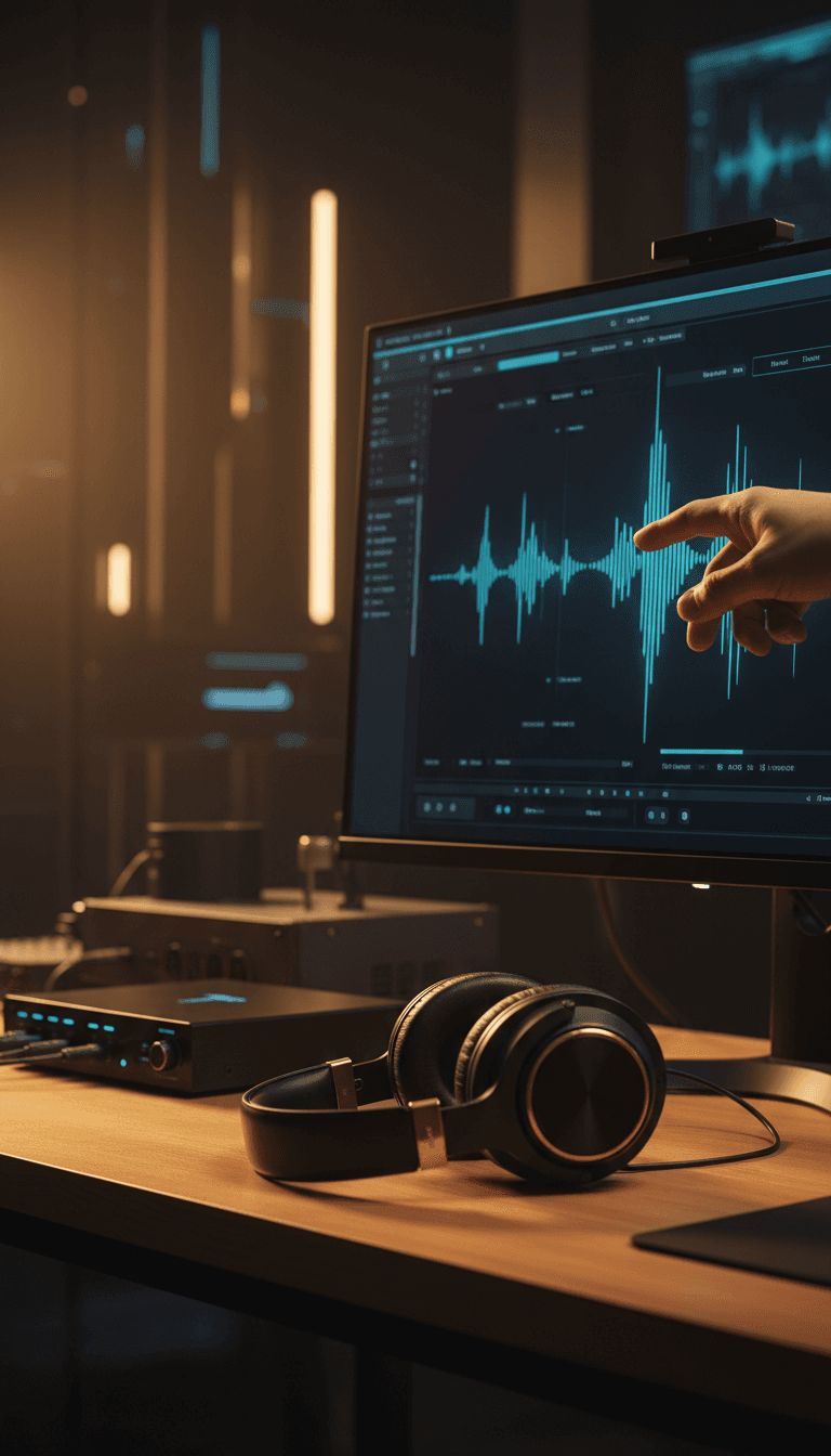 واجهة ElevenLabs الرقمية مع أصوات واقعية على الشاشة