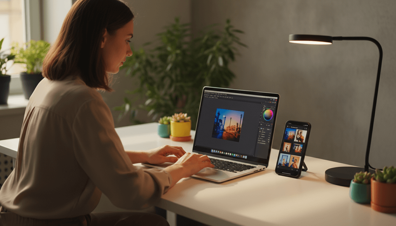 شخص يعمل على تحرير الصور باستخدام PhotoRoom Pro على جهاز كمبيوتر في بيئة عمل احترافية