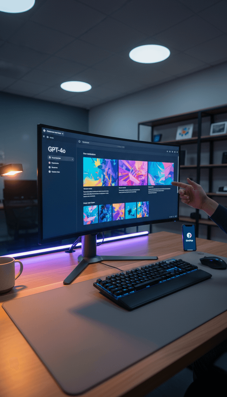 مكتب حديث يعرض واجهة ChatGPT Plus مع GPT-4o على شاشة عالية الدقة
