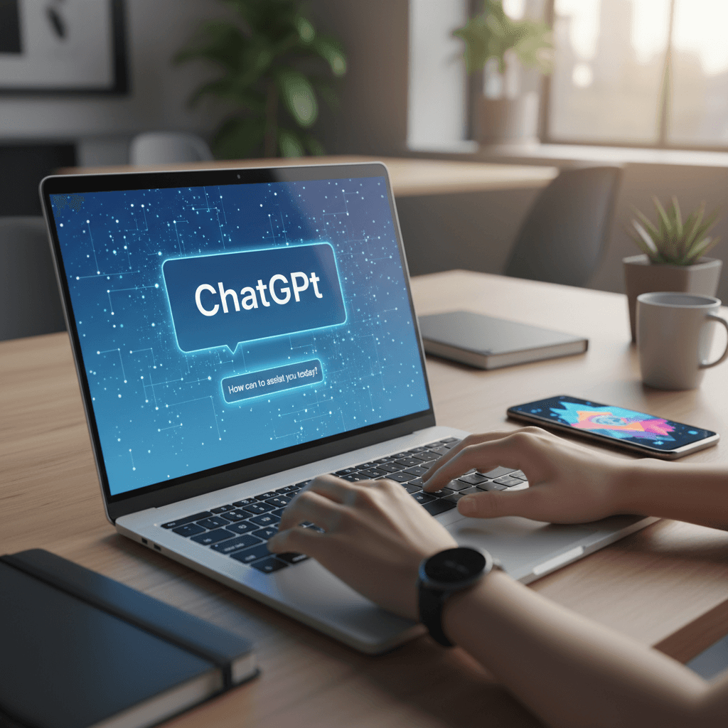 واجهة ChatGPT Plus على الكمبيوتر مع يد مستخدم يكتب