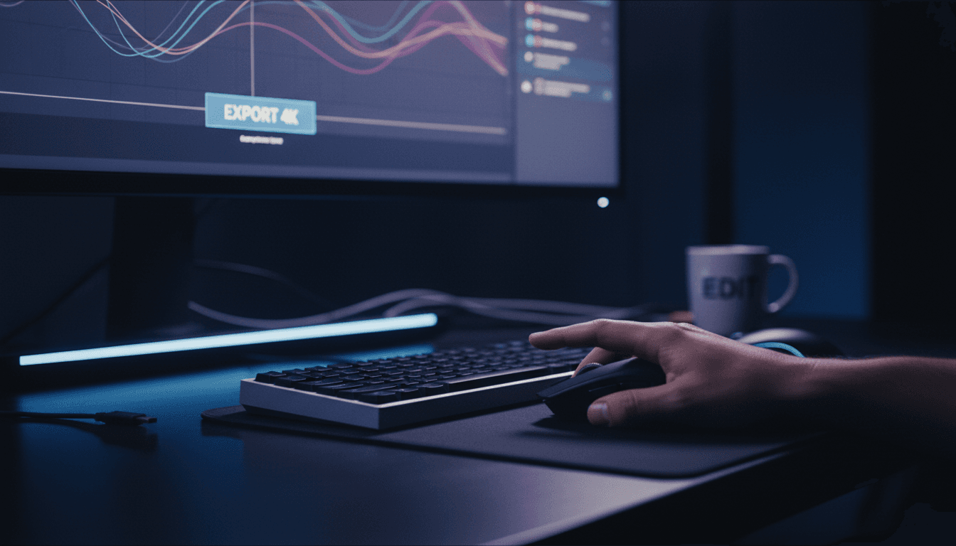 محرر فيديو احترافي يعمل على مشروع CapCut Pro بإضاءة ليلية حديثة