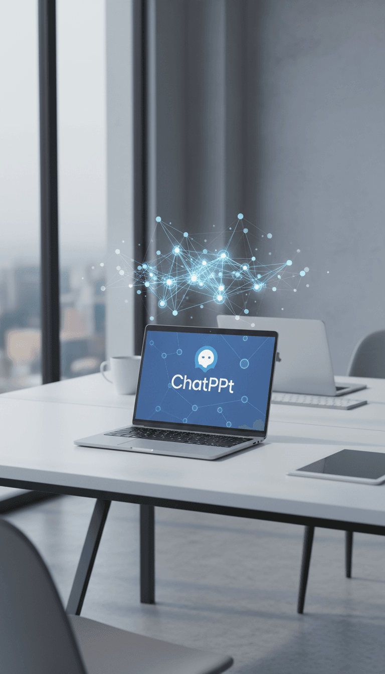 مساحة عمل حديثة مع واجهة ChatGPT على الشاشة