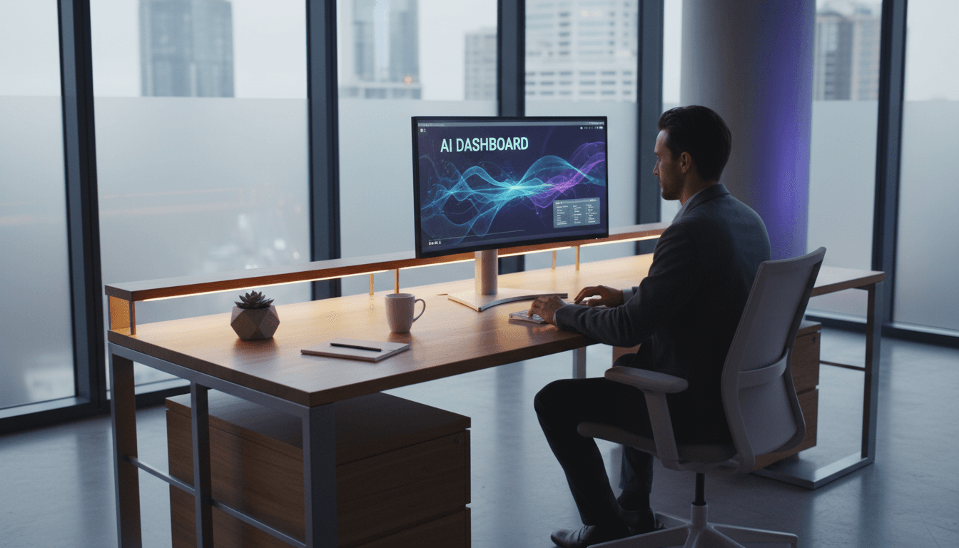 موظف يعمل على جهاز كمبيوتر في بيئة عمل حديثة مع واجهة ذكاء اصطناعي على الشاشة