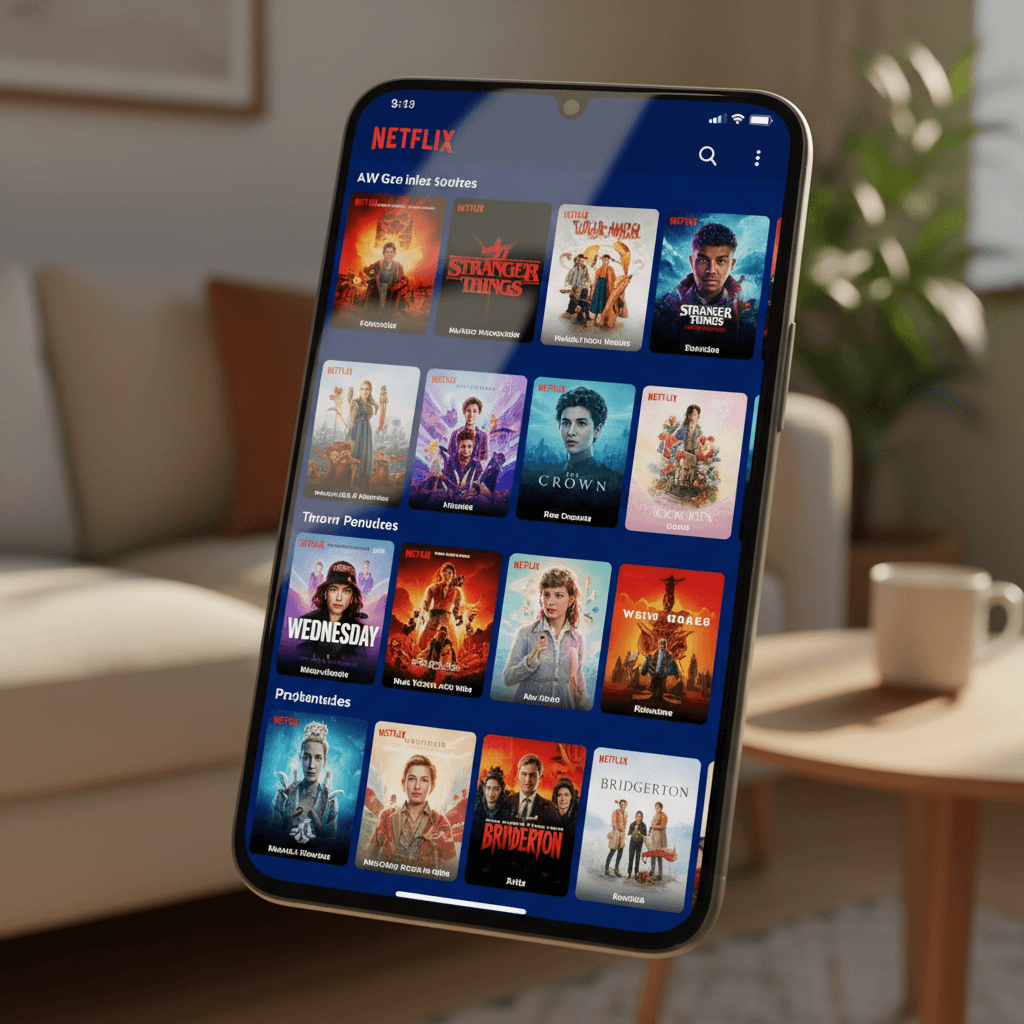 شاشة هاتف ذكي تعرض واجهة نتفليكس مع محتوى حصري