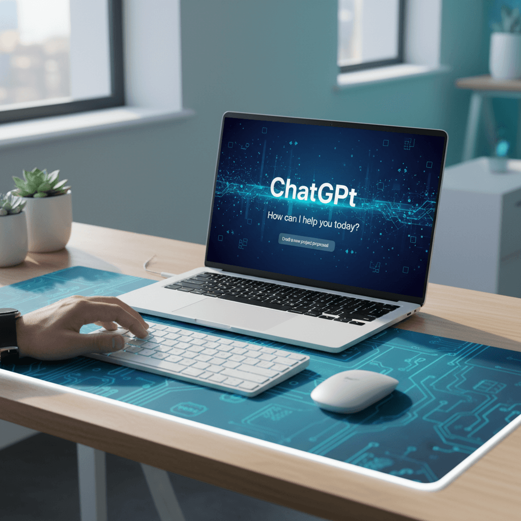 شاشة كمبيوتر تعرض واجهة ChatGPT Plus مع عناصر ذكاء اصطناعي