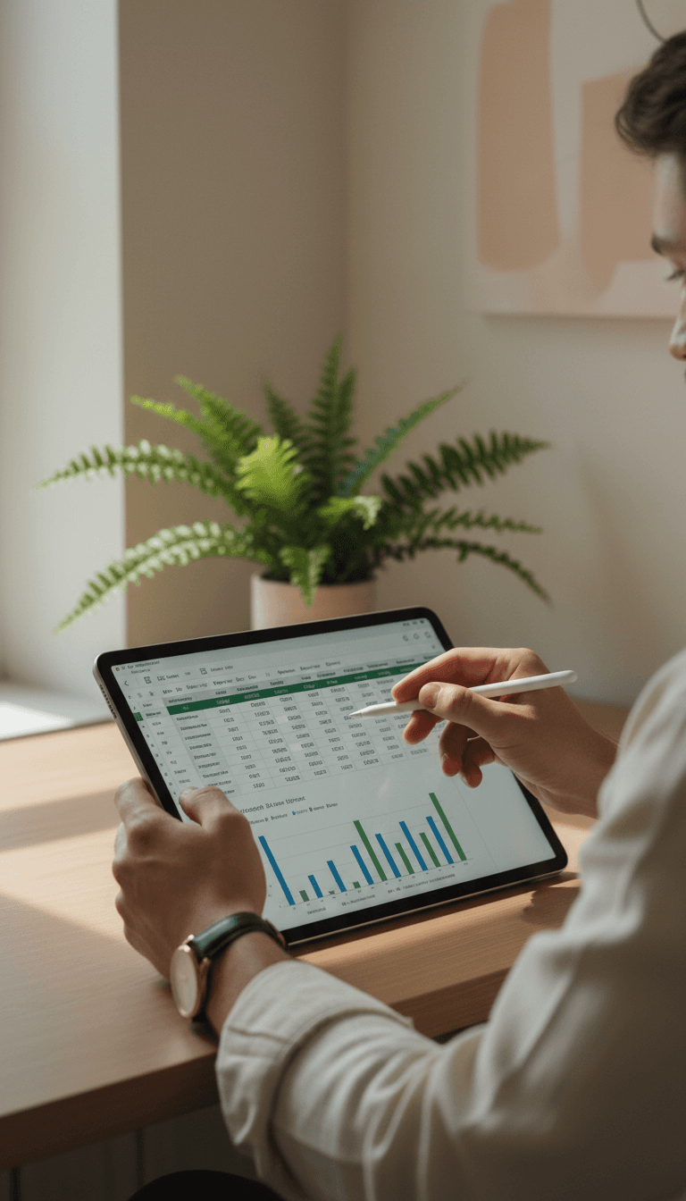 يد تستخدم جهاز لوحي يعرض تطبيق جداول البيانات من Microsoft Office