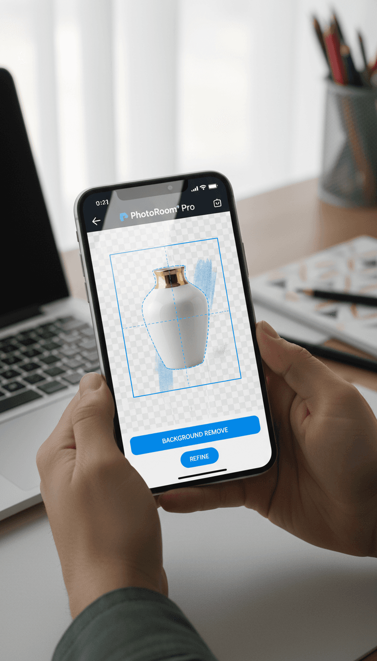 شاشة هاتف ذكي تعرض واجهة تطبيق PhotoRoom Pro مع تحرير احترافي للصور