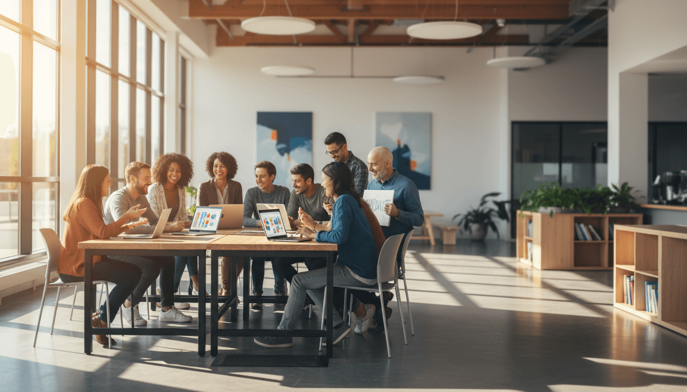 مجموعة متنوعة من المتعلمين والمحترفين يستخدمون أجهزة حاسوب وأجهزة لوحية في بيئة تعليمية حديثة ومشرقة