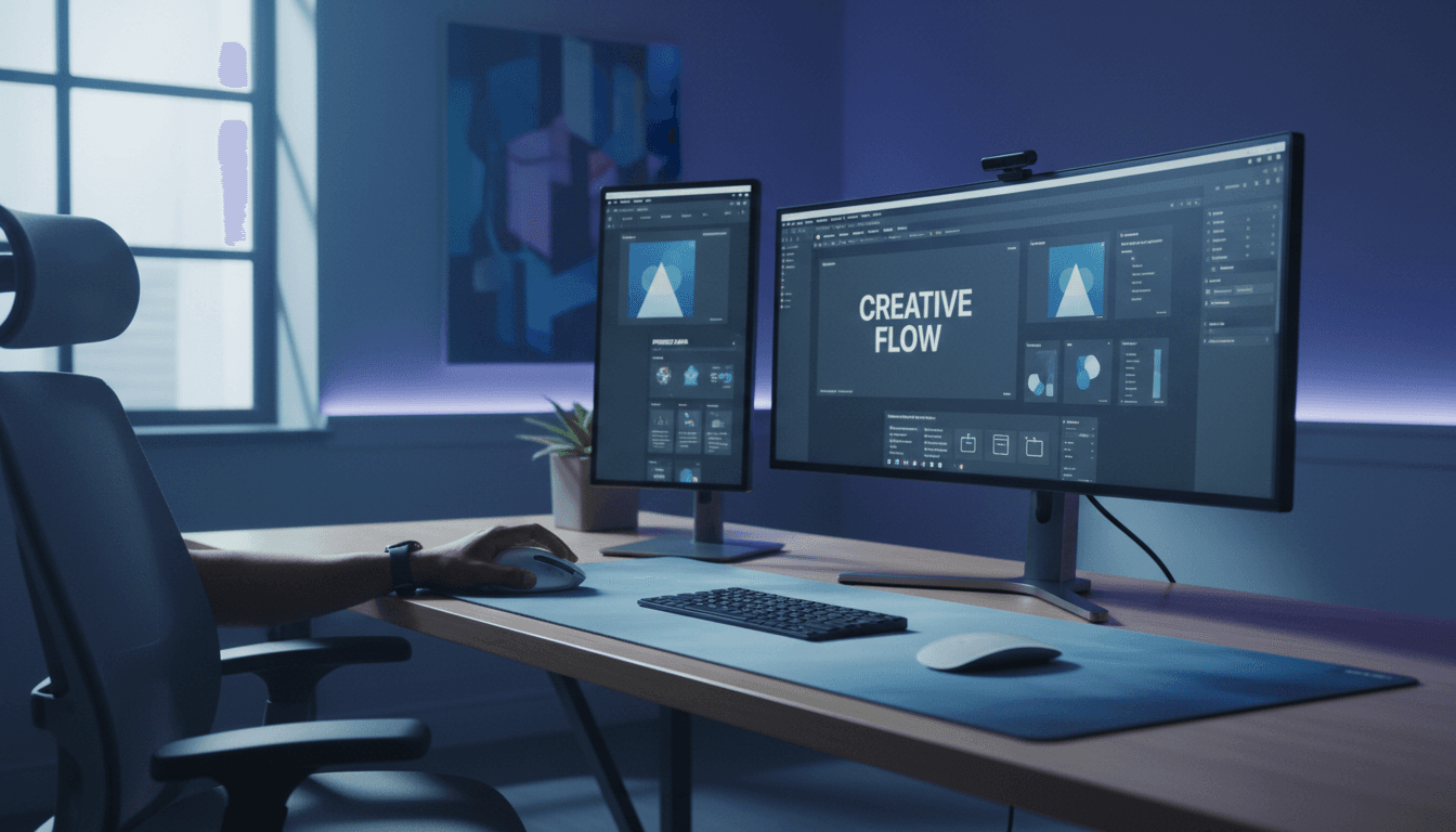 مصمم محترف يعمل على Figma Pro في بيئة عمل حديثة مع شاشات متعددة وإضاءة طبيعية