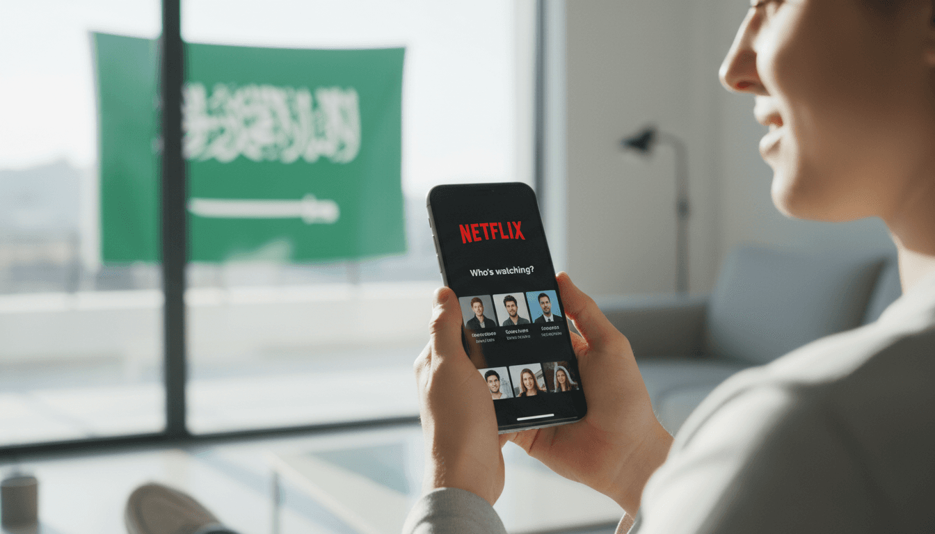 شخص يحمل هاتفًا ذكيًا يعرض اشتراك نتفليكس مع خلفية مضاءة بشكل طبيعي