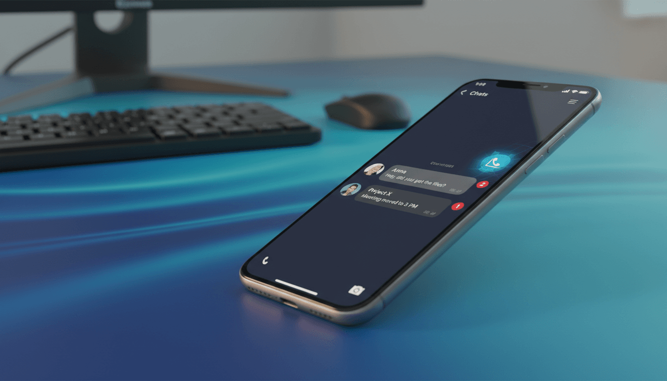 لقطة قريبة لواجهة واتساب على هاتف ذكي مع خلفية حديثة ومضاءة بشكل احترافي
