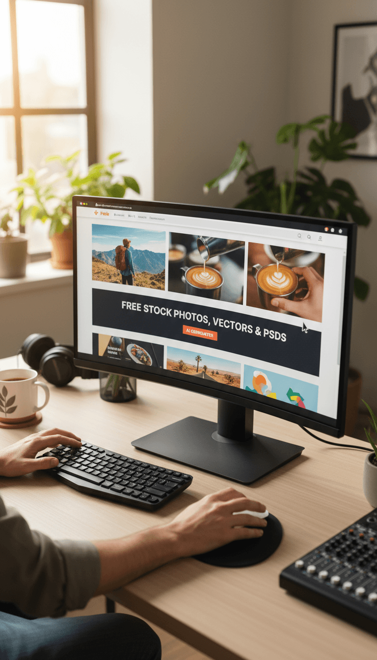 مصمم يعمل على منصة فريبيك مع صور احترافية وقوالب متقدمة