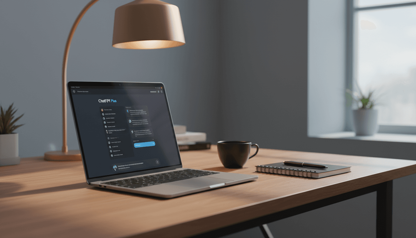 جهاز كمبيوتر محمول يعرض واجهة ChatGPT Plus على مكتب عمل حديث