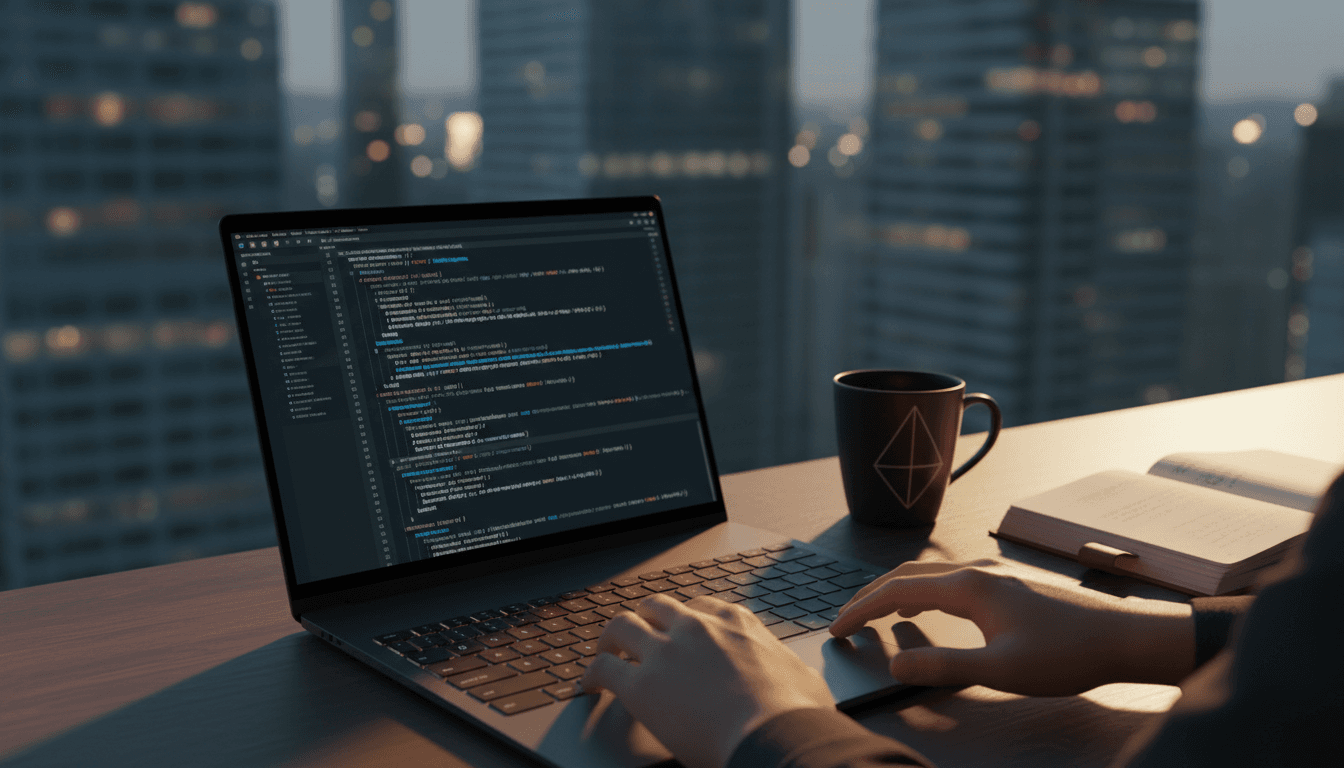 مطور يعمل على لوحة المفاتيح مع كود Cursor AI على الشاشة