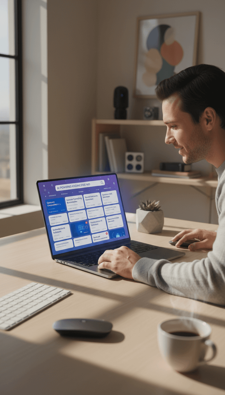 شخص يستخدم Perplexity Pro على جهاز كمبيوتر محمول في مكتب حديث