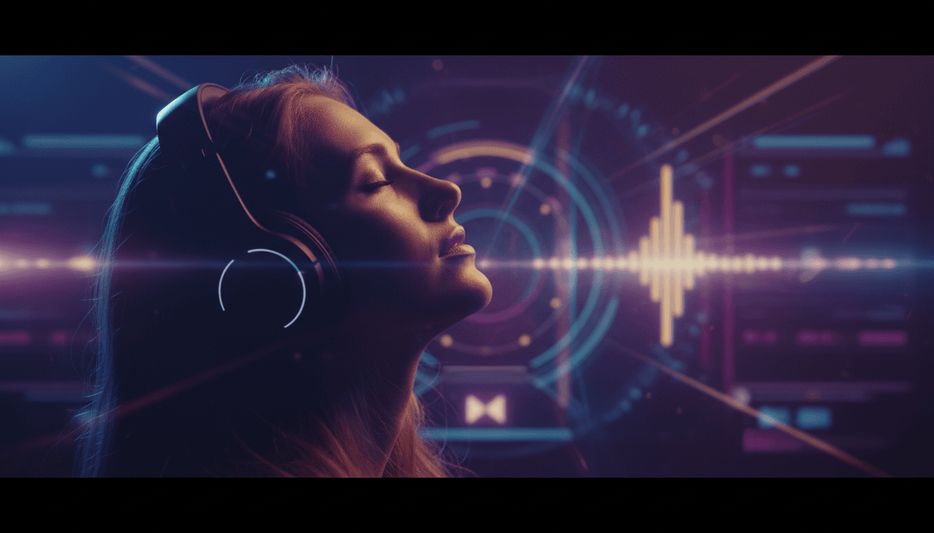 شخص يستمع إلى الموسيقى بتركيز عميق مع إضاءة درامية زاهية