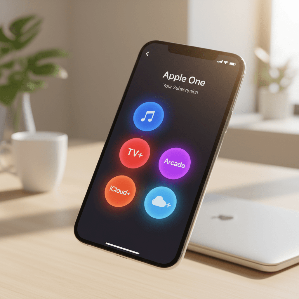 واجهة اشتراك Apple One على الهاتف الذكي مع رموز التطبيقات