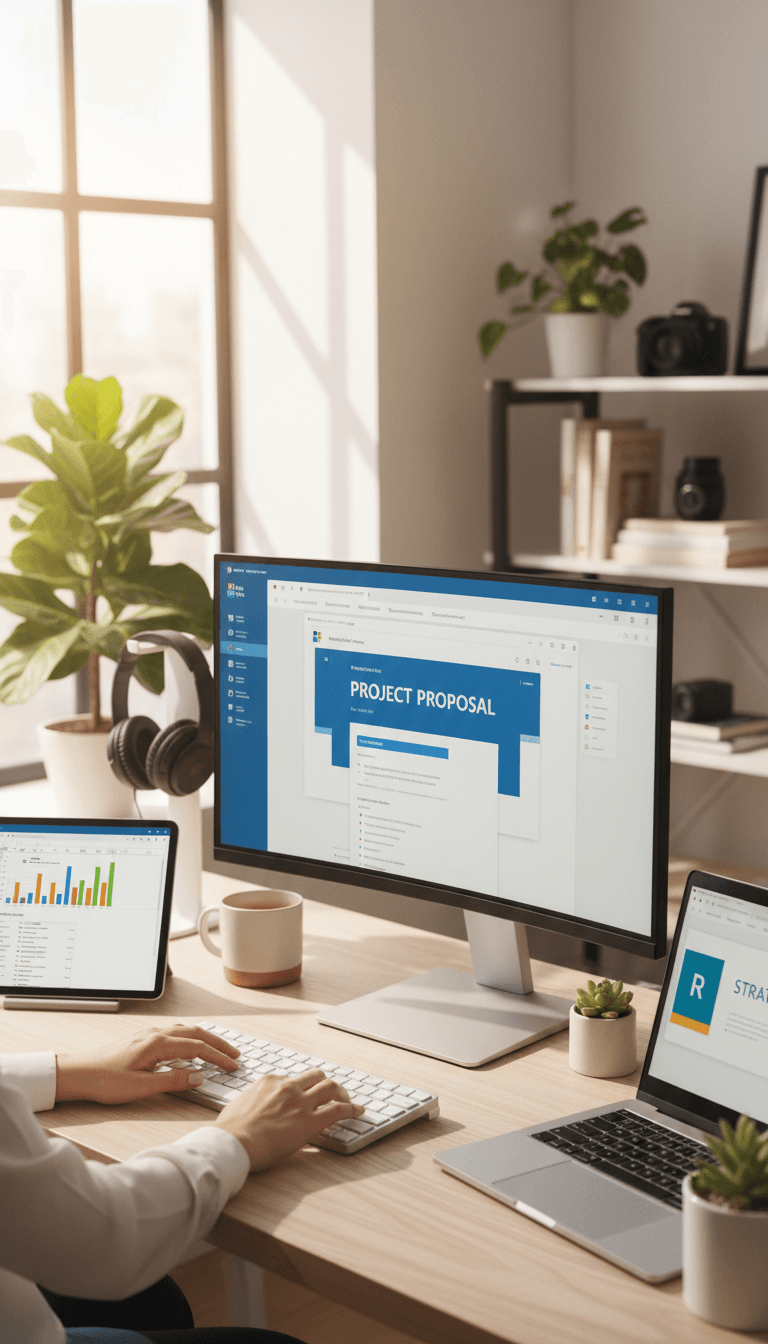 مساحة عمل رقمية احترافية توضح تطبيقات Microsoft Office 365 على الشاشات