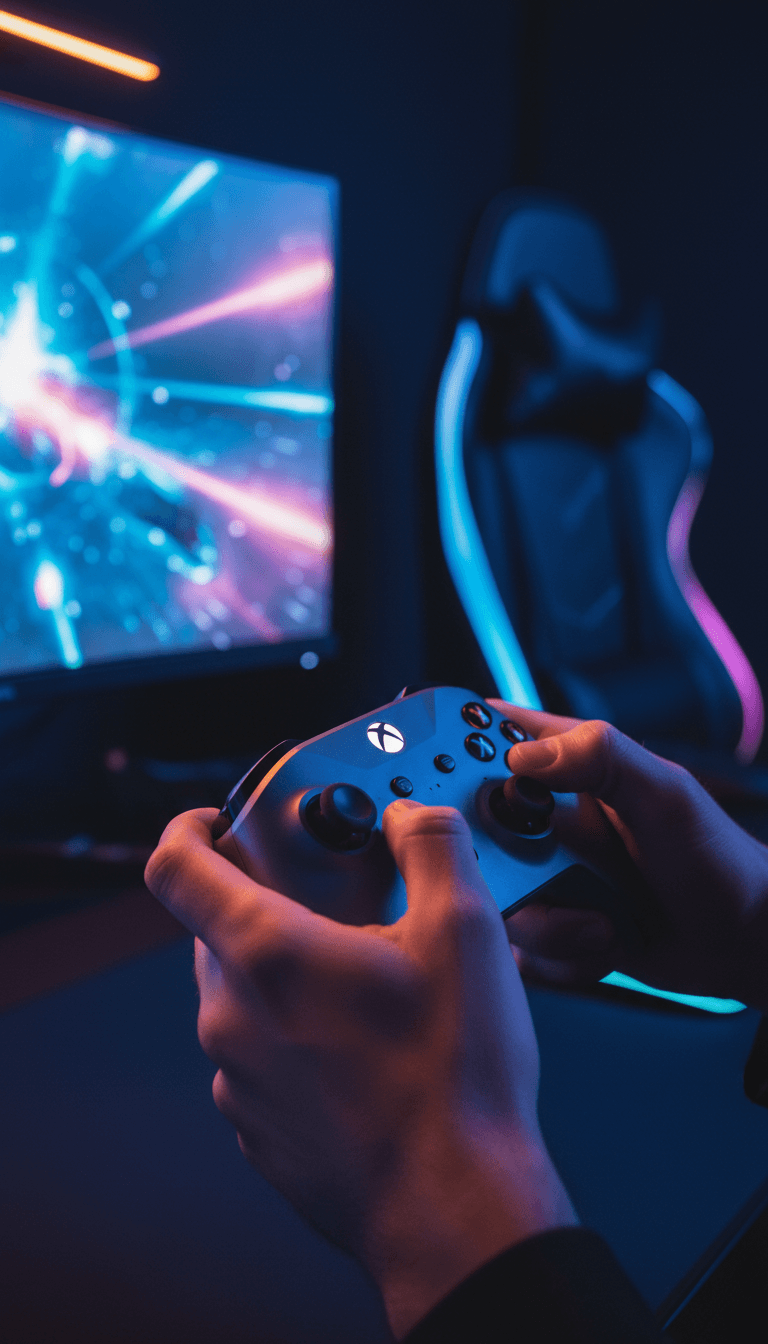لاعب يمسك متحكم Xbox أثناء لعبة مكثفة مع إضاءة لعبة حديثة