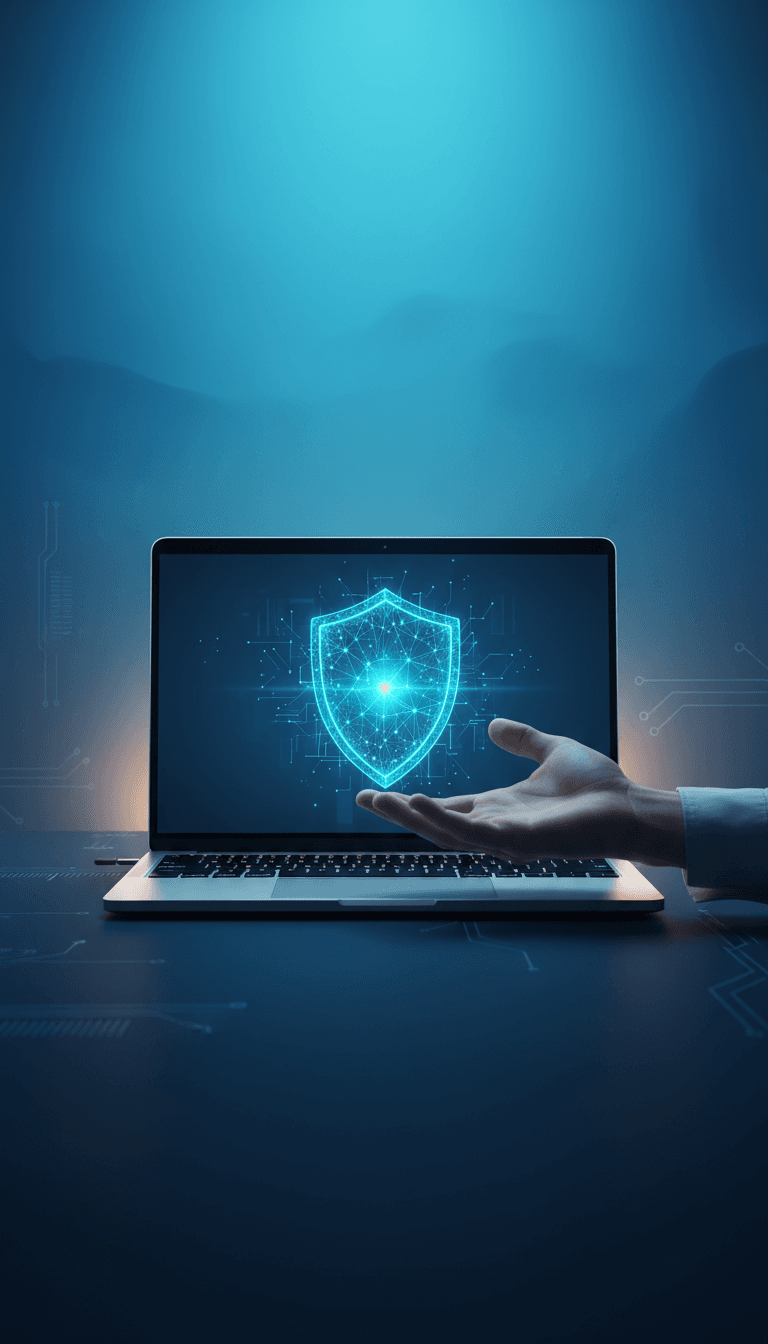 لابتوب محمي برمز درع رقمي مضيء يمثل الحماية الشاملة