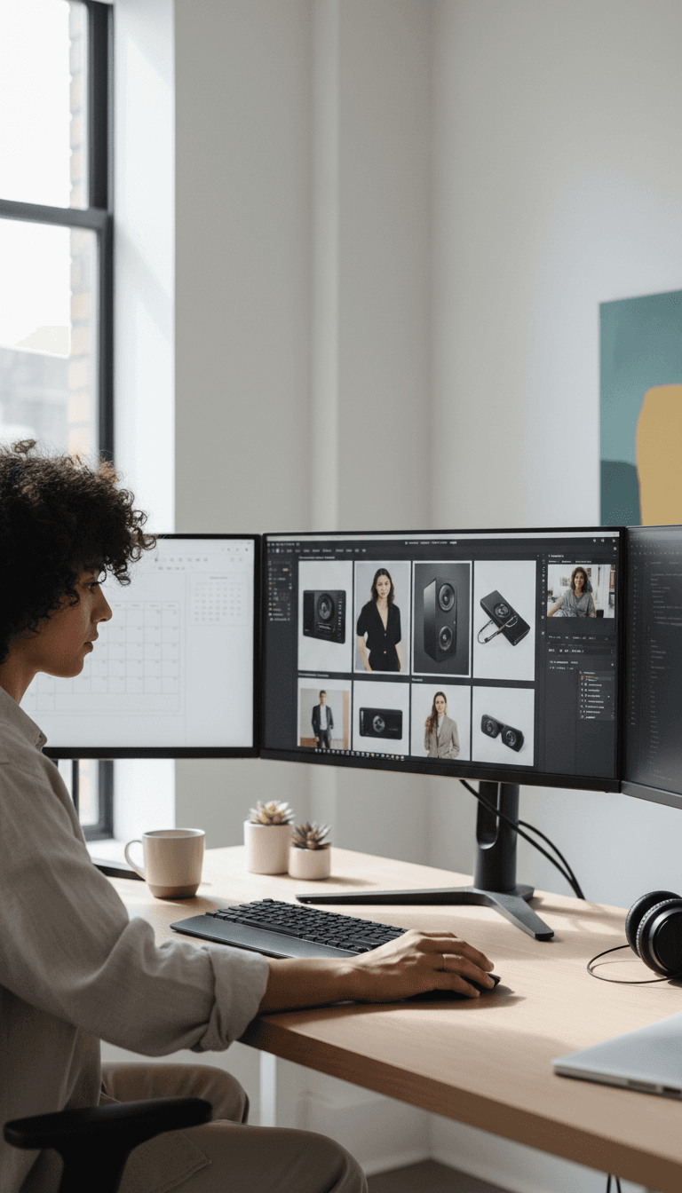 مصمم يستخدم أدوات تحرير PhotoRoom Pro لإزالة الخلفيات وتعديل الصور