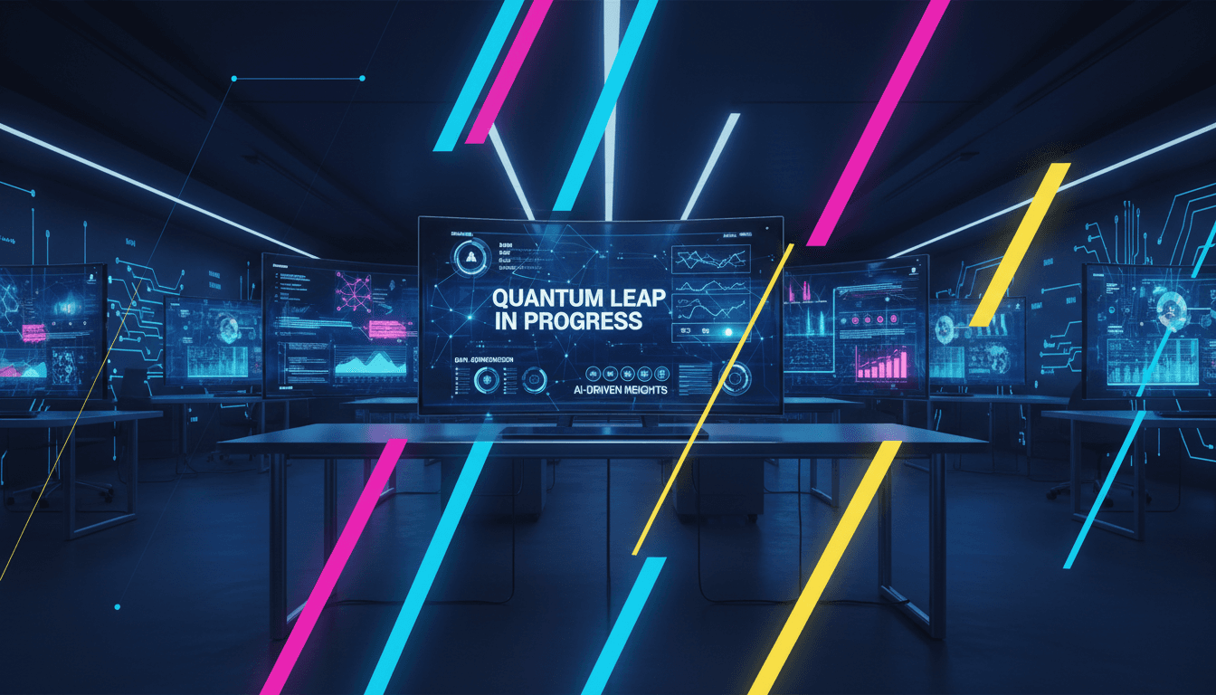 Modern digital workspace with AI dashboards and glowing technology interfaces