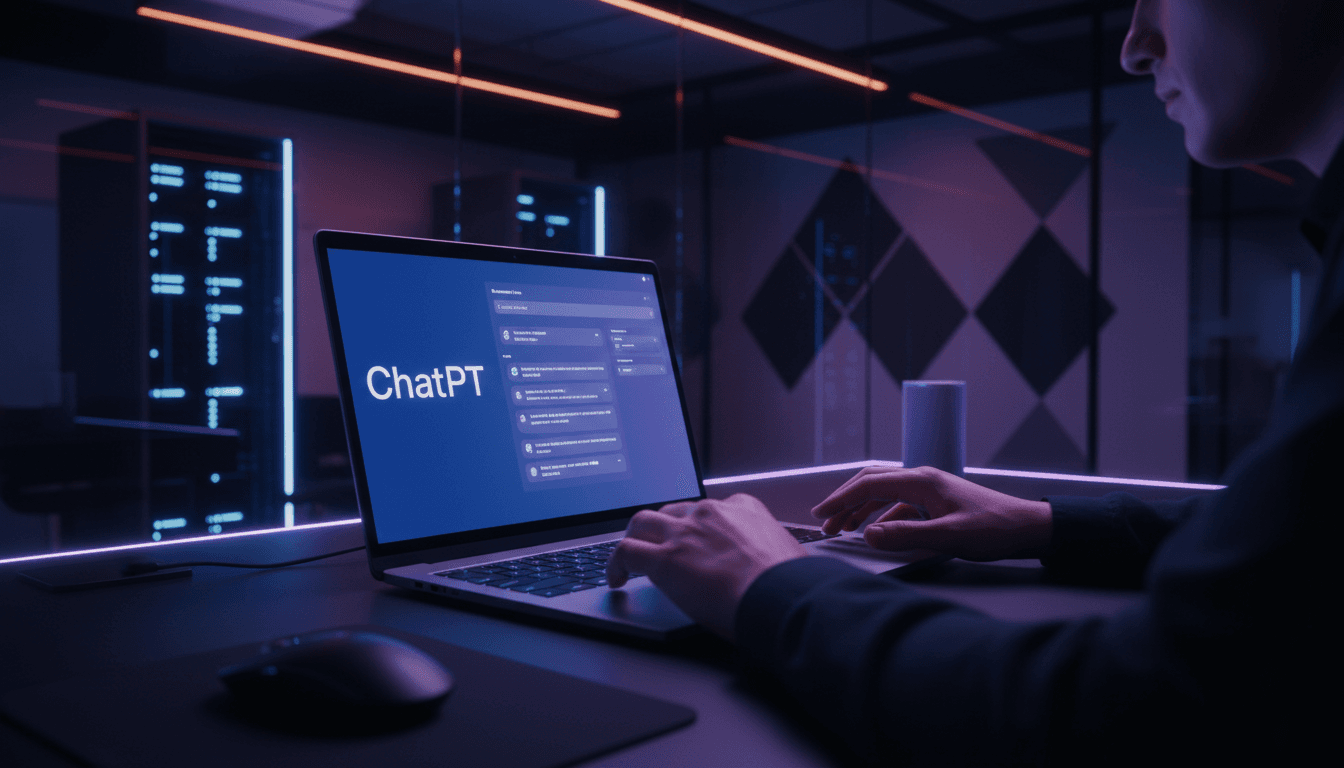 واجهة ChatGPT Plus على شاشة كمبيوتر محمول مع إضاءة زرقاء وبنفسجية حديثة