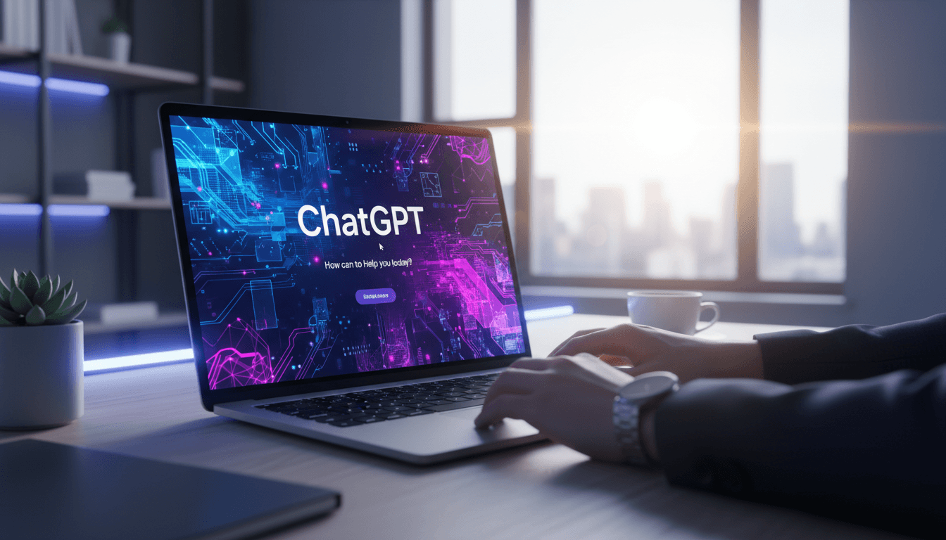 ChatGPT Plus interface on laptop screen in modern digital workspace with AI visualization elements