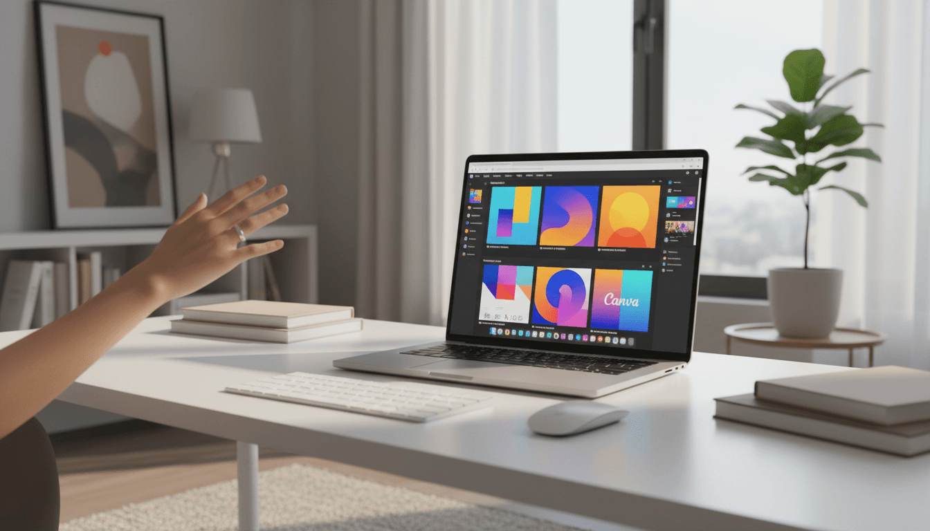 مصمم يعمل على Canva Pro مع واجهة ملونة على شاشة الكمبيوتر