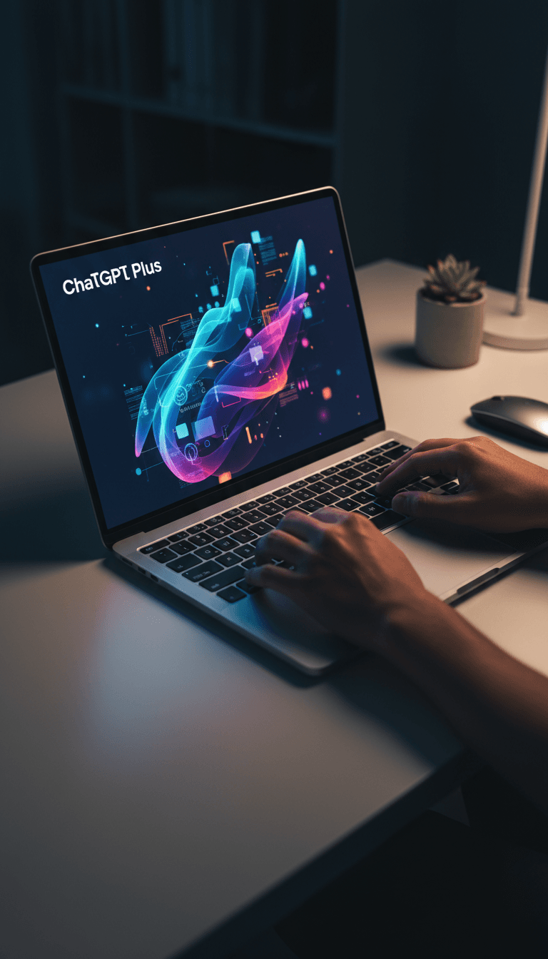 واجهة ChatGPT Plus على شاشة كمبيوتر محمول مع رسوميات ذكاء اصطناعي