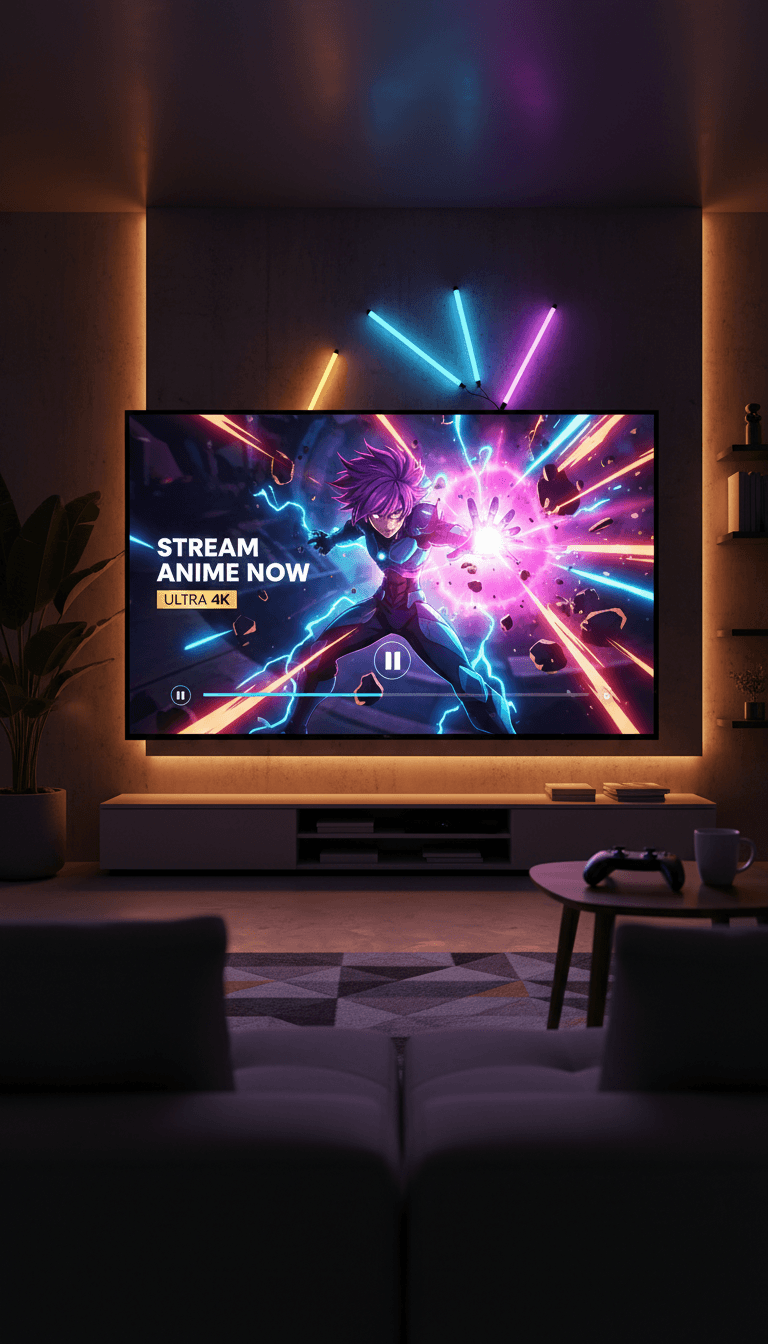 واجهة Crunchyroll تعرض محتوى أنيمي بجودة 4K على جهاز عرض حديث