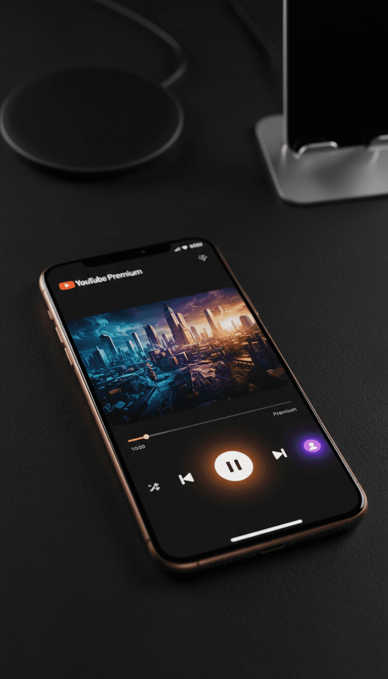 شاشة هاتف تعرض واجهة يوتيوب بريميوم مع مميزات الاشتراك