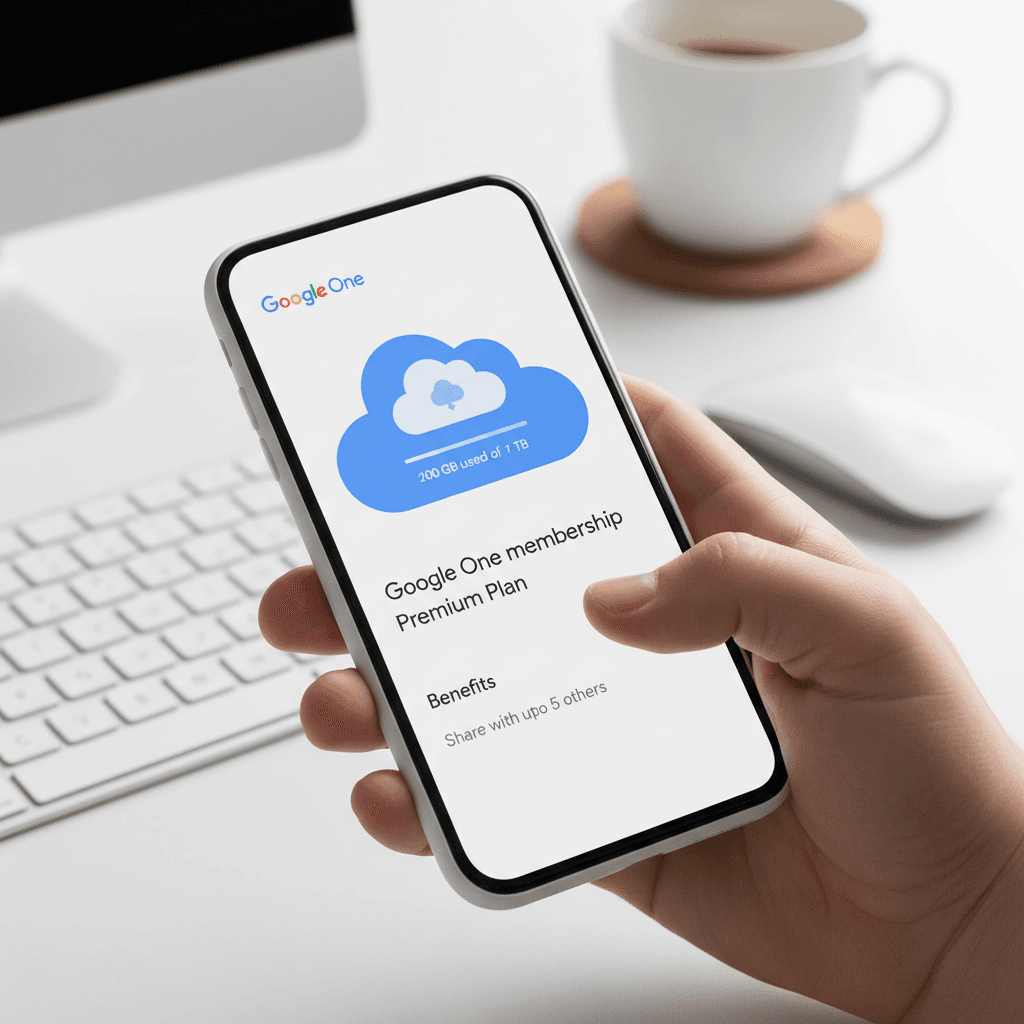 شاشة هاتف ذكي توضح واجهة اشتراك جوجل ون مع مؤشرات التخزين السحابي