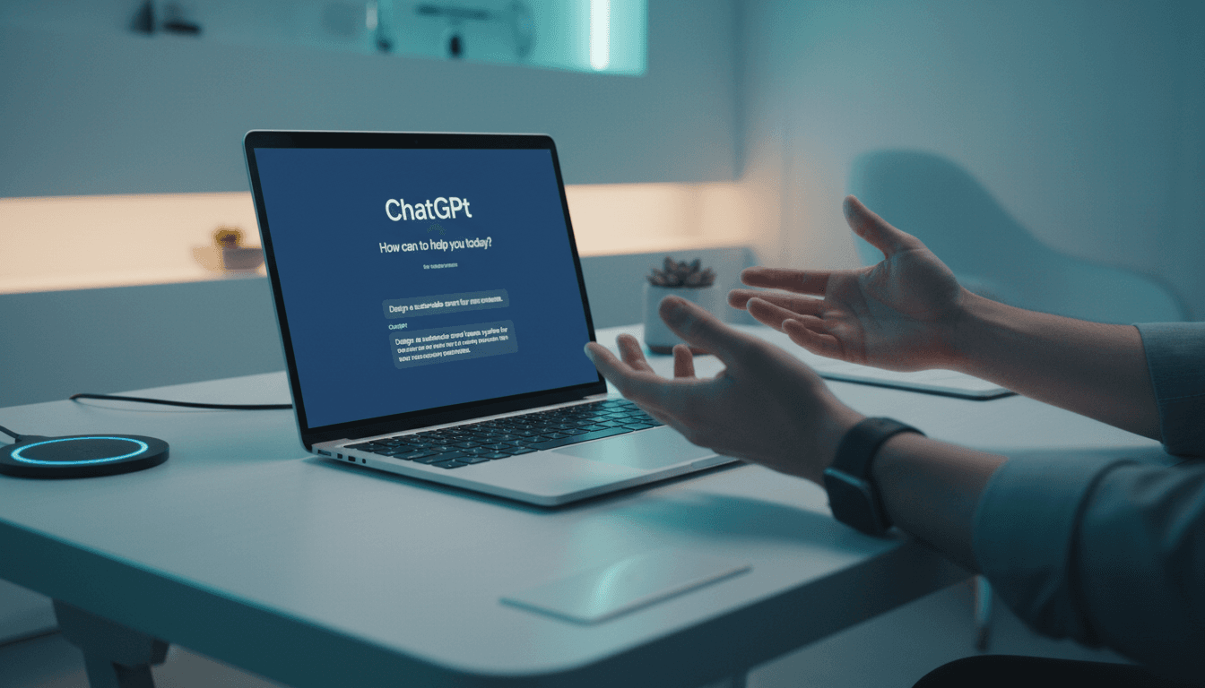 لابتوب يعرض واجهة ChatGPT Plus في بيئة عمل حديثة