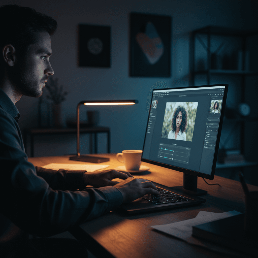 محترف يعمل على تحرير الصور باستخدام PhotoRoom Pro على جهاز كمبيوتر محمول