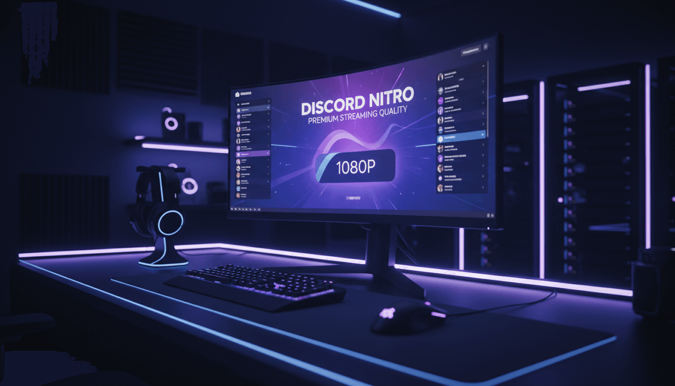 واجهة Discord Nitro مع إضاءة نيون زرقاء وبنفسجية على جهاز كمبيوتر