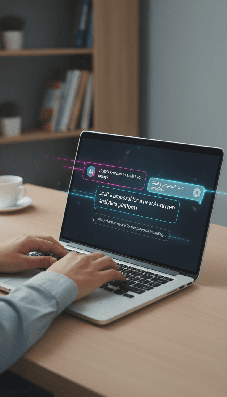 شاشة حاسوب تعرض واجهة ChatGPT Plus مع يدين على لوحة المفاتيح