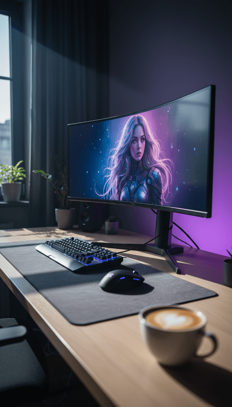 شاشة تعرض صورة احترافية مولدة بواسطة ليوناردو AI في بيئة عمل حديثة