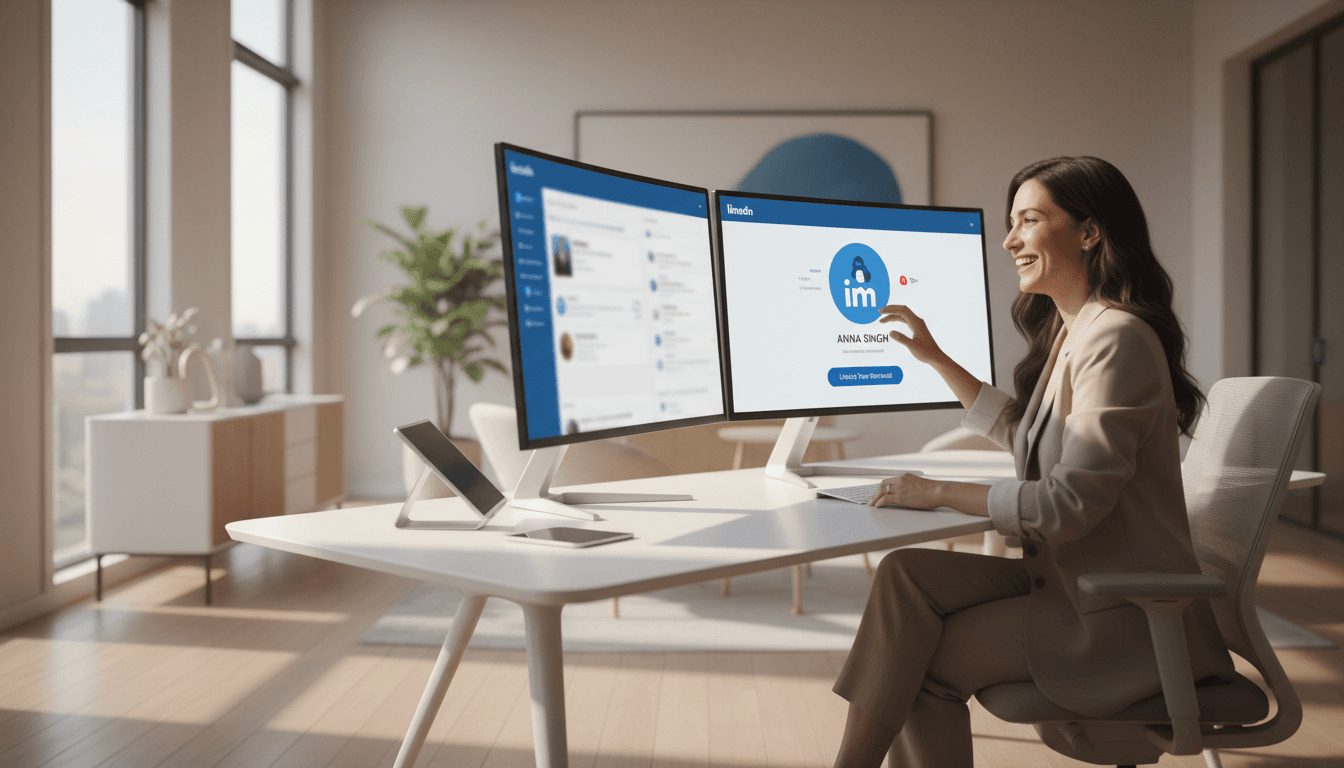 محترف يستخدم لينكدان بريميوم على شاشة الحاسوب في مكتب حديث