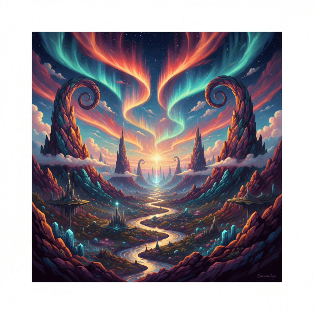 صورة فنية احترافية مولدة بواسطة Midjourney تظهر مناظر طبيعية خيالية
