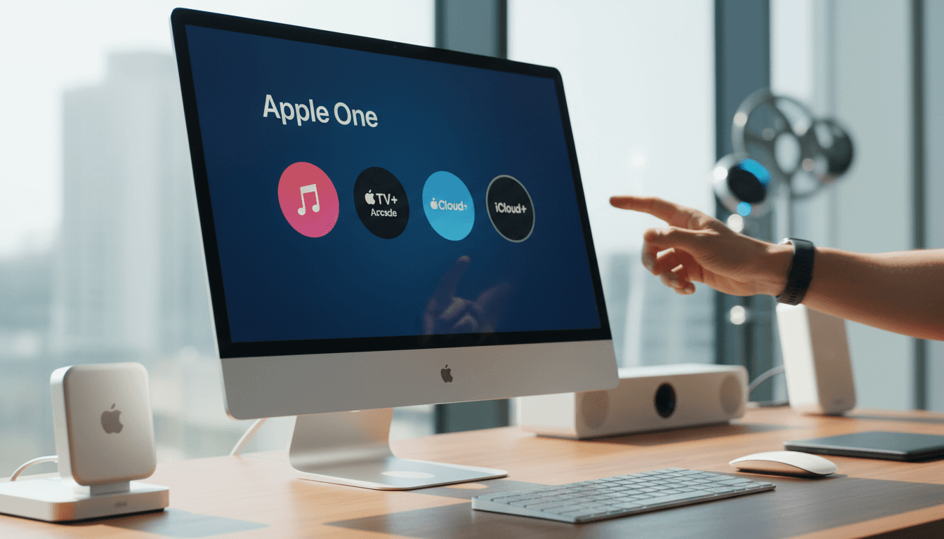 شخص يتفاعل مع Apple One على جهاز Apple في بيئة عمل حديثة