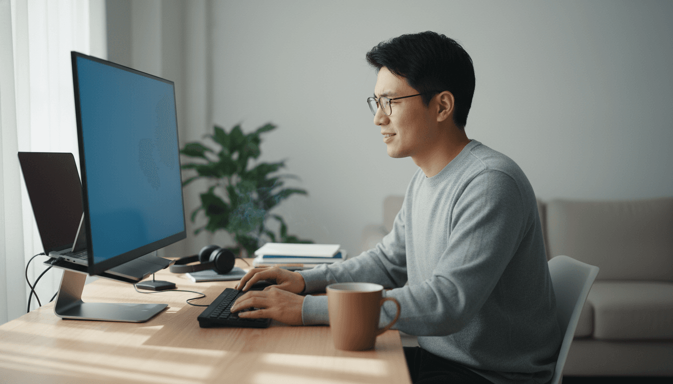 شخص محترف يعمل على الحاسوب بتركيز في بيئة عمل حديثة مضاءة بنور طبيعي