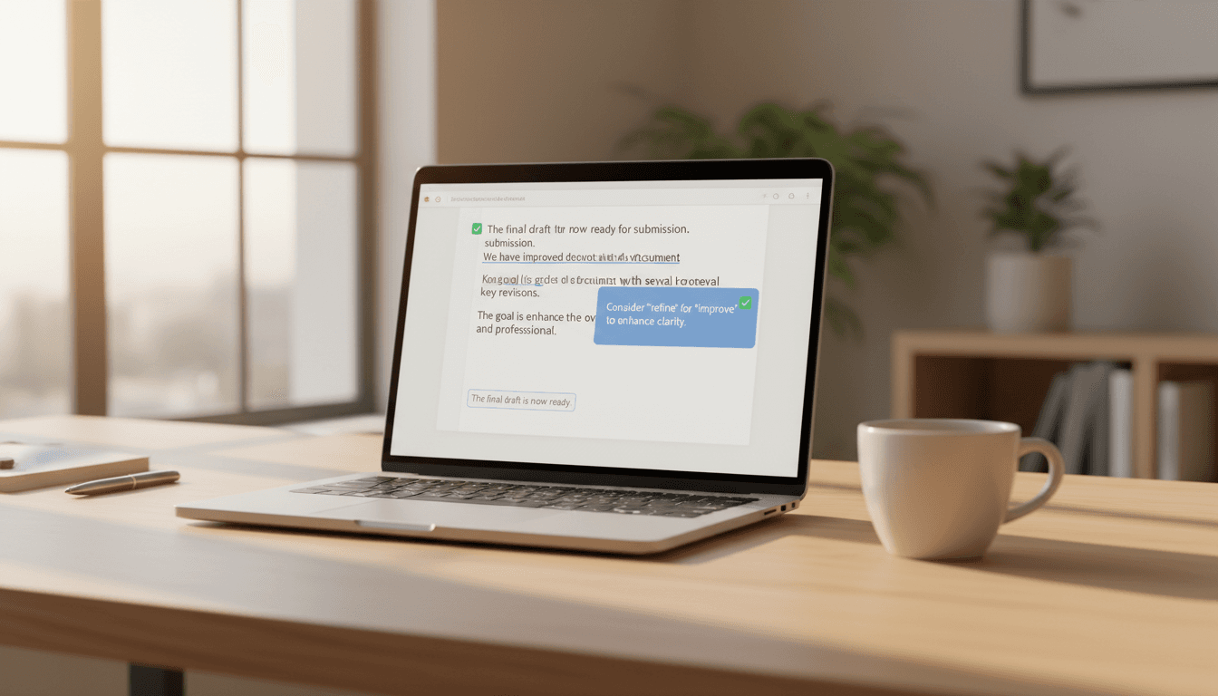 شاشة كمبيوتر تعرض تصحيحات جرامرلي بريميوم لقواعس اللغة الإنجليزية والأسلوب