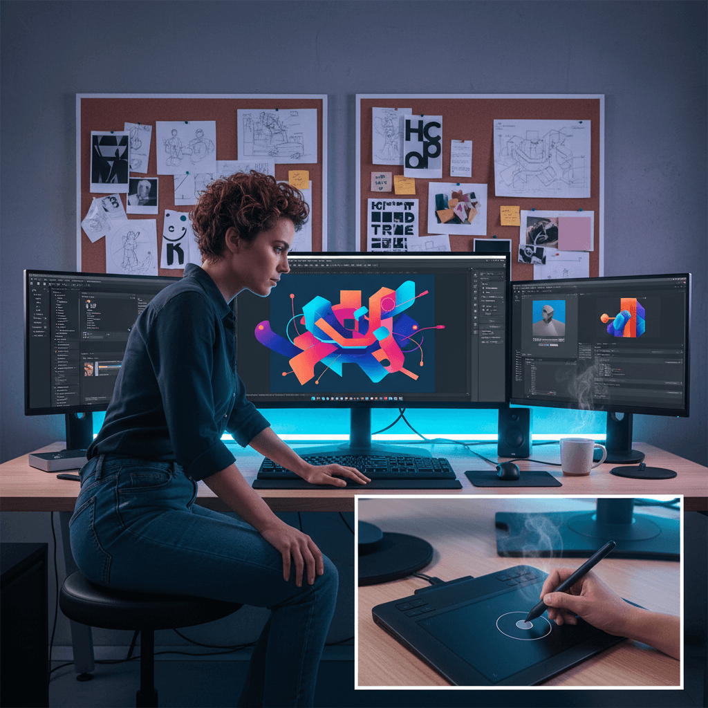محترف إبداعي يعمل على تطبيقات Adobe Creative Cloud على جهاز كمبيوتر قوي