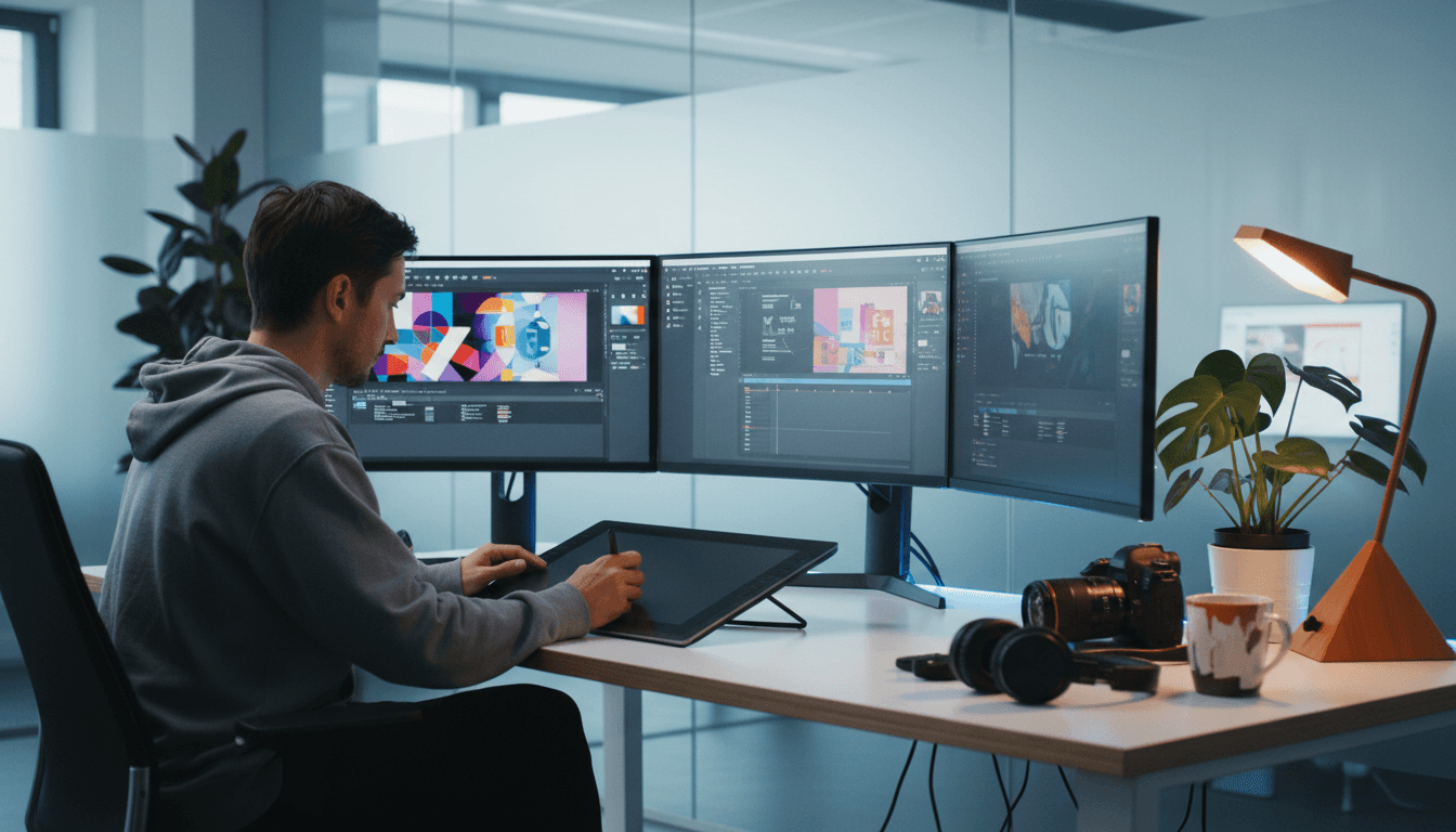 محترف يعمل على تصميمات احترافية باستخدام Adobe Creative Cloud على أجهزة حاسوب متعددة