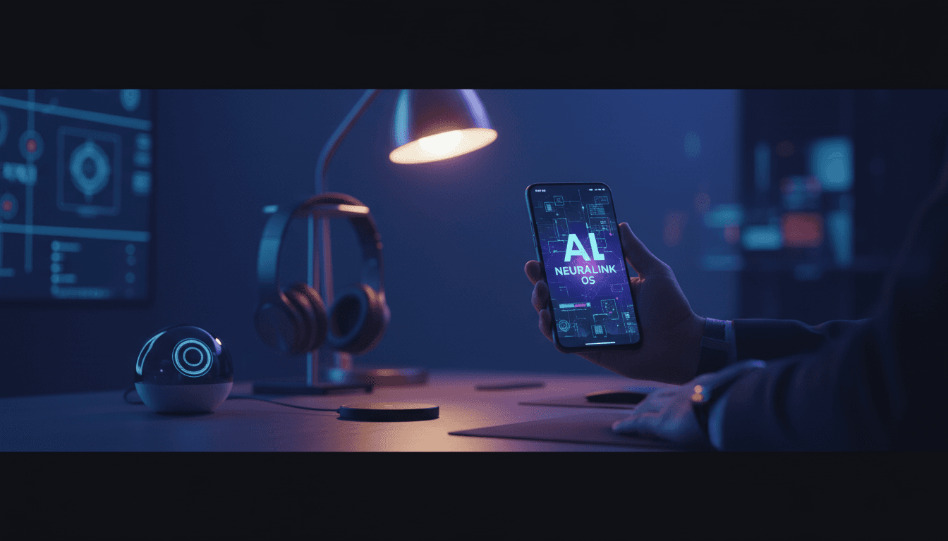 Professional workspace with smartphone displaying AI interface and modern tech accessories