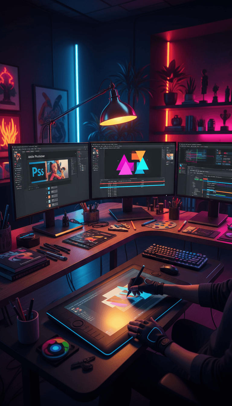 مساحة عمل احترافية تعرض تطبيقات Adobe Creative Cloud على شاشات متعددة