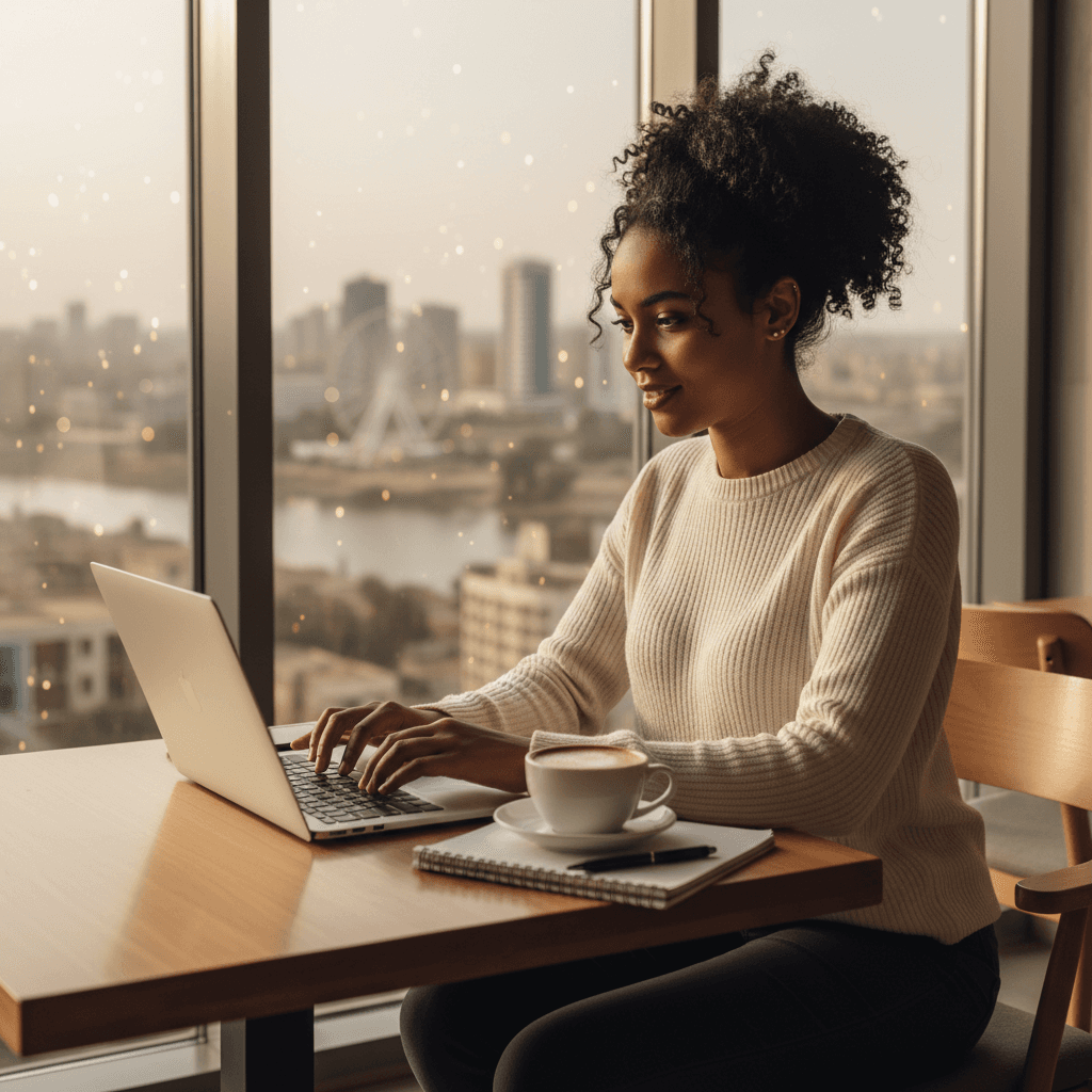 شخص يعمل على كمبيوتر محمول مع خلفية مدينة الخرطوم